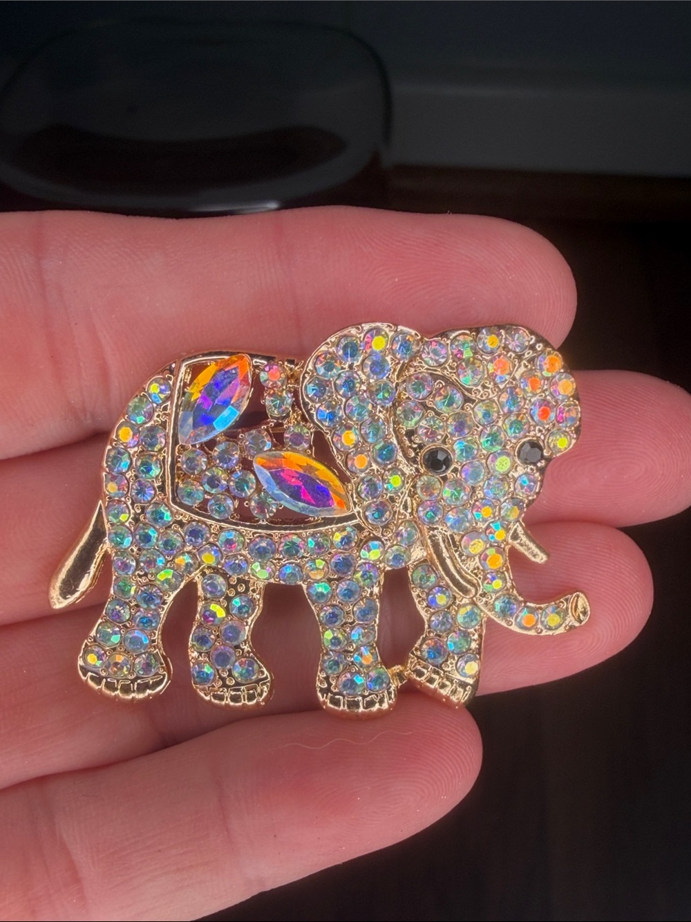 Gold-Tone Aurora Borealis Crystal Elephant Brooch - Multicolor